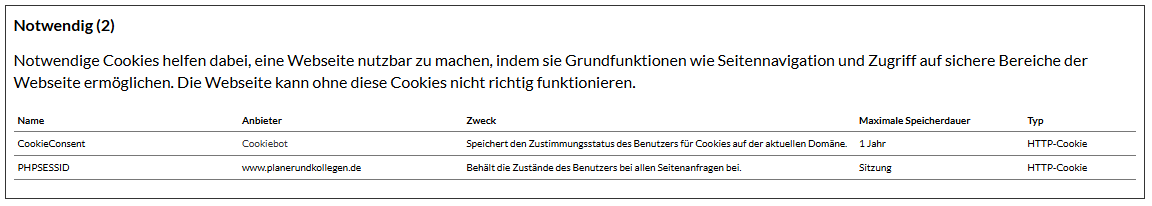 Übersicht der notwendigen Cookies auf der Website von Planer und Kollegen