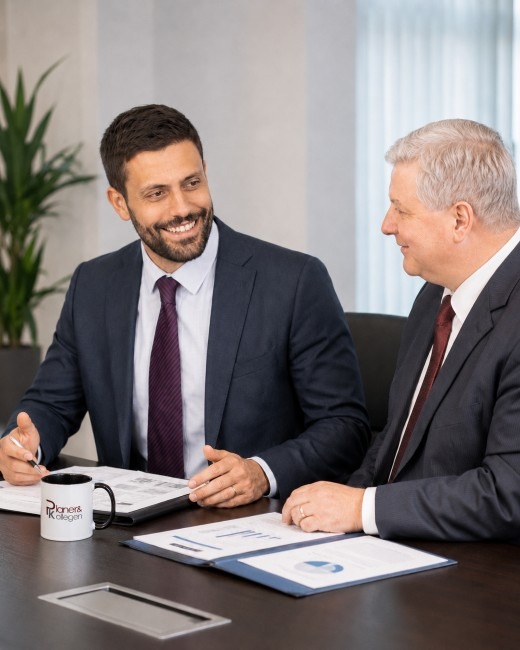 Geschäftsführer der Planer & Kollegen GmbH, links Ulli Windmaißer und rechts Thomas Planer im Bild, in einer Besprechungssituation
