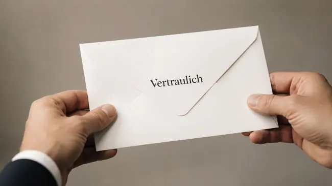 Ein Kuvert, das von von einer Person mit beiden Händen gehalten wird trägt den Vermerk Vertraulich als Symbol für Diskretion