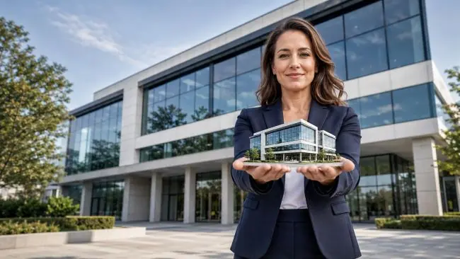 Eine Frau im Businessoutfit steht vor einem Gebäude und hält ein Modell des Gebäudes vor sich in beiden Händen als Symbol für Verantwortung