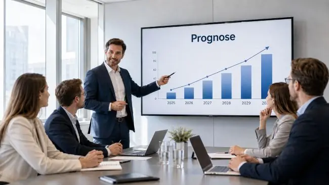 Eine Gruppe von Mitarbeitenden sitzt in einem Meetingraum vor einem großem Bildschirm auf dem eine aufsteigende Grafik zu sehen ist mit der Beschriftung Prognose als Symbol für Zukunftsausrichtung; ein Mann steht vor dem Bildschirm und moderiert das Meeting