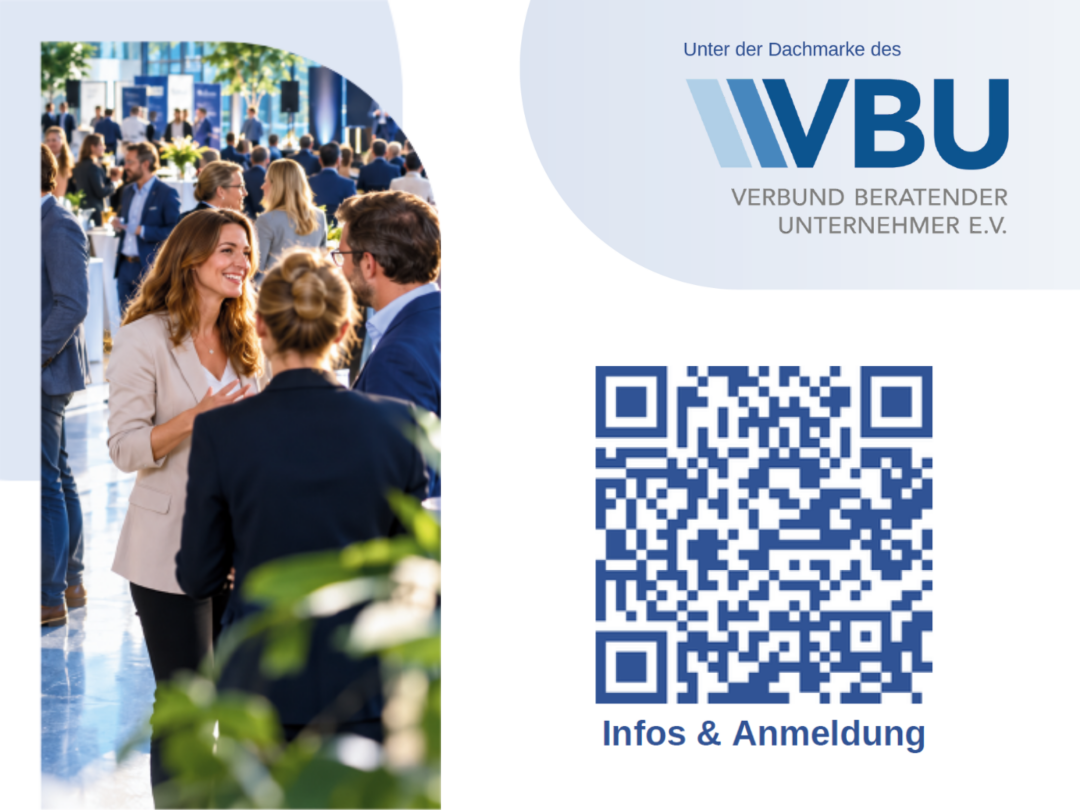 Unternehmertag-Infos-Anmeldung-QR-Code mit VBU-Logo und Bild eines Empfangs